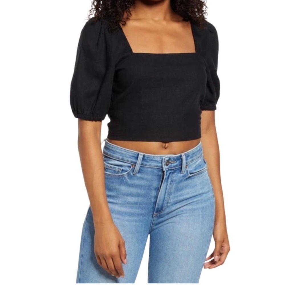 Le Lis Black Square Neck Puff Sleeve Top